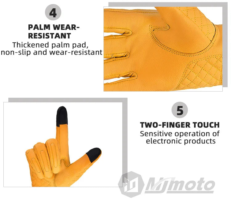 Yellow gloves with black fingertips, showing wear-resistant palm and two-finger touch features, with Nijmoto branding.