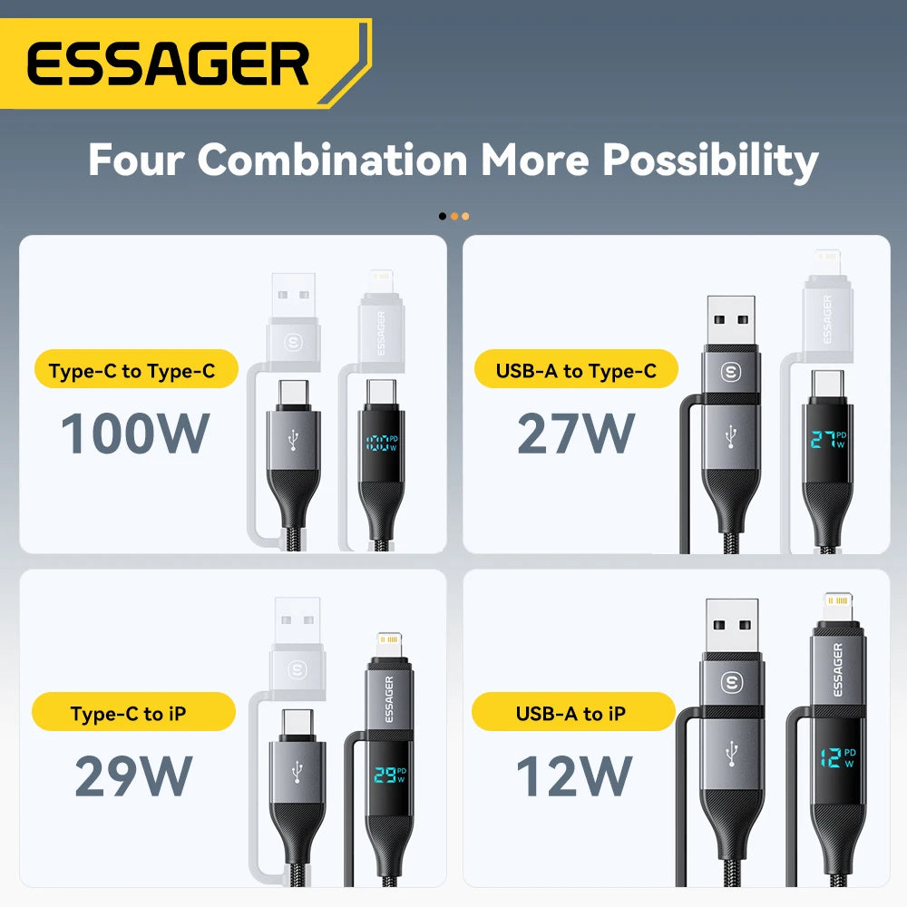 4-in-1 USB Cable – 100W USB-C, Lightning, Power Display