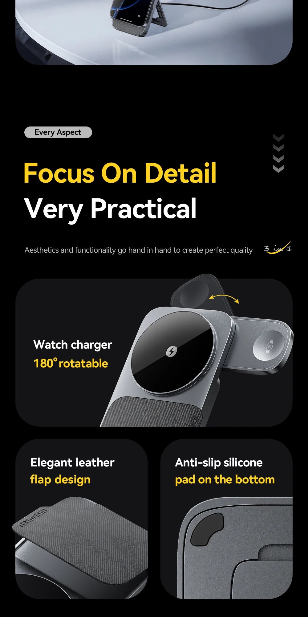 3-in-1 Magnetic Wireless Charging Stand – Foldable, Grey