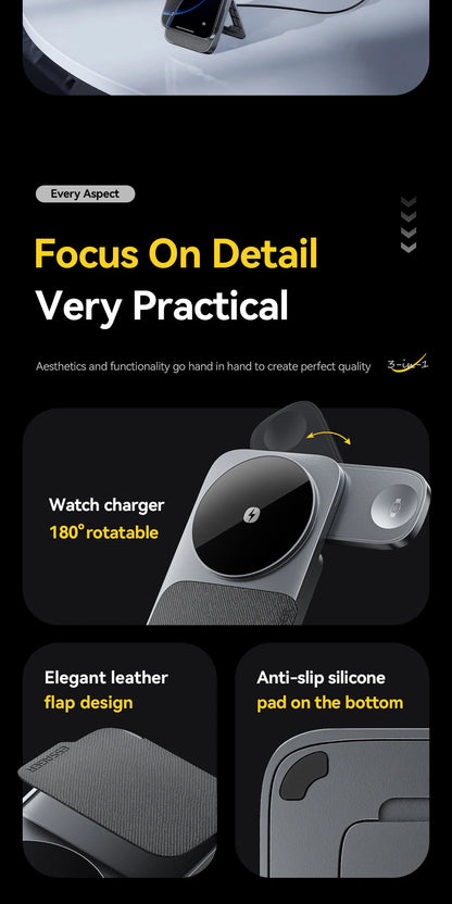3-in-1 Magnetic Wireless Charging Stand – Foldable, Grey