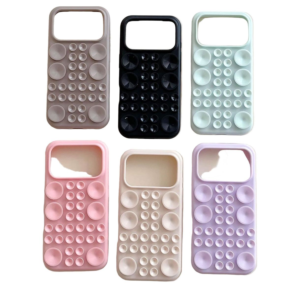 Set of six bubble texture phone cases in different colors on a beige background
