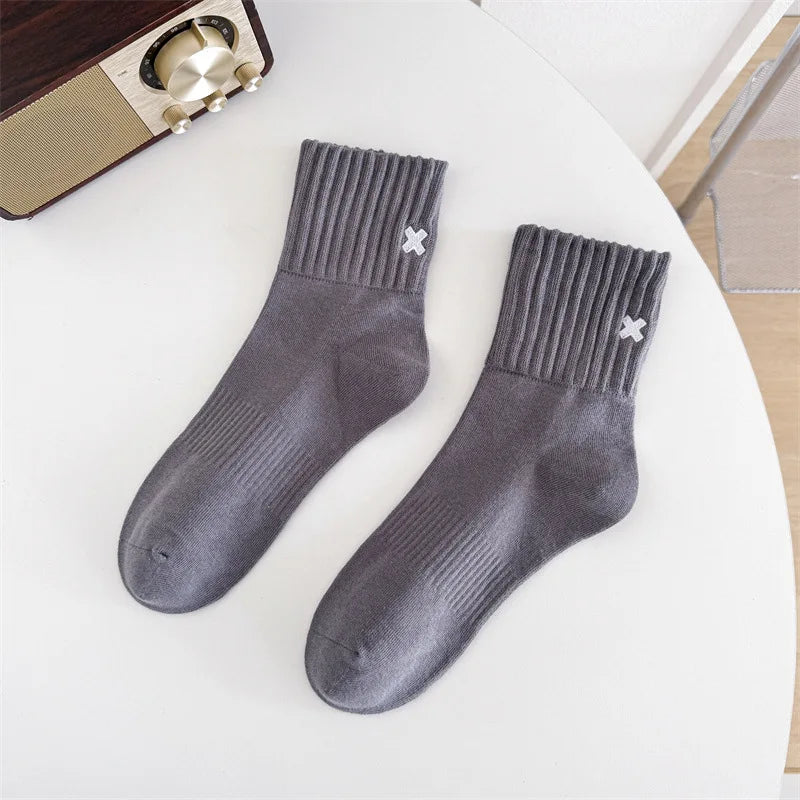 Embroidered Cross Crew Socks – Ribbed Cuffs, 4 Colors