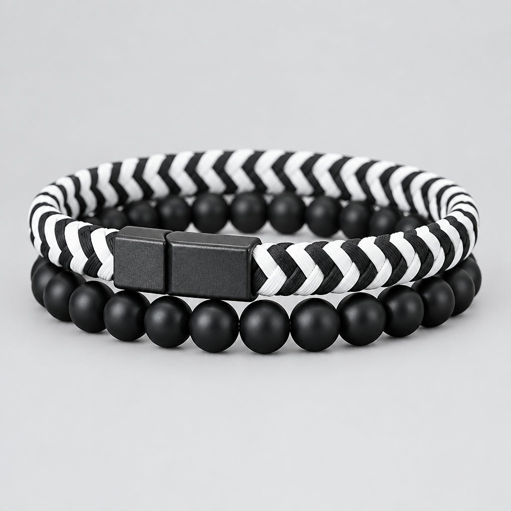 Noter 2Pcs Bracelets Exclusifs Pour Hommes 8mm Onyx Stone Strand Braclet Handmade Weaven Leather Braslet Perfect Gift For Him deideas