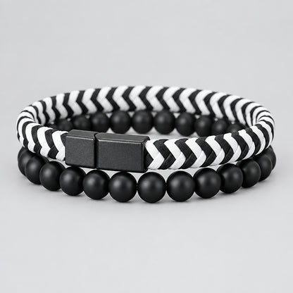 Noter 2Pcs Bracelets Exclusifs Pour Hommes 8mm Onyx Stone Strand Braclet Handmade Weaven Leather Braslet Perfect Gift For Him deideas