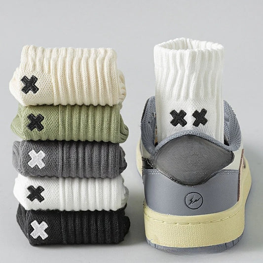 Embroidered Cross Crew Socks 5-Pack – Mixed Colors