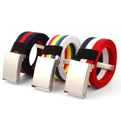 Striped Canvas Belt – Metal Buckle, 6 Styles