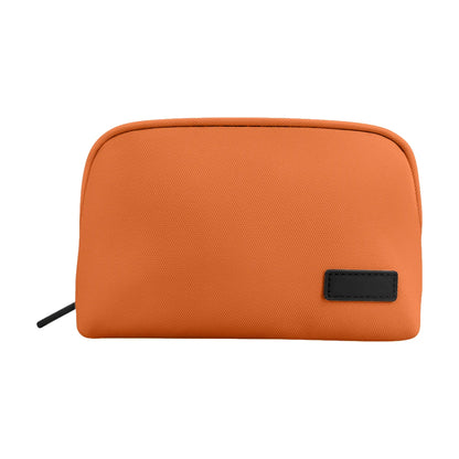Front view of the orange organizer pouch and its black zipper pull.