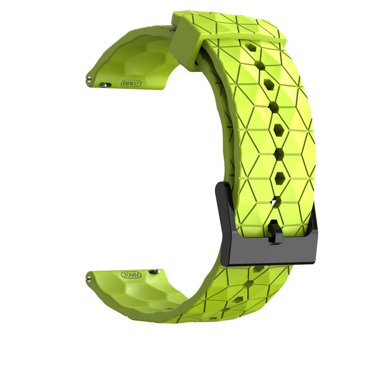 Lime green silicone band shown open with geometric texture and a dark buckle.
