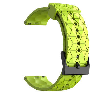Lime green silicone band shown open with geometric texture and a dark buckle.