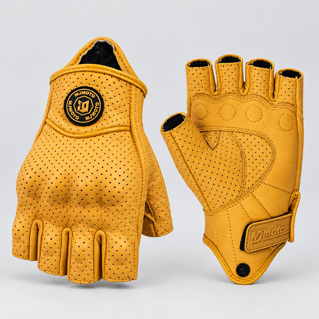 Yellow motorcycle gloves with 'MJMOTO' branding on a white background
