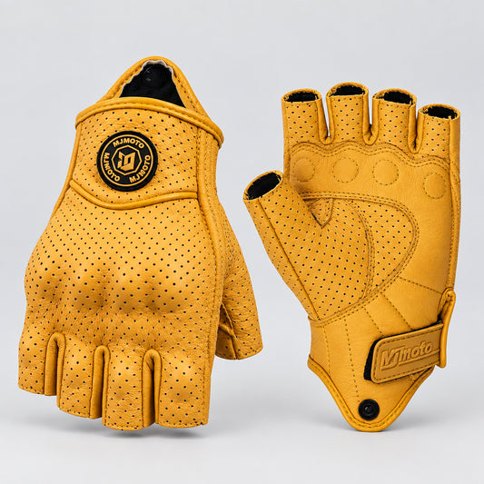 Yellow motorcycle gloves with 'MJMOTO' branding on a white background