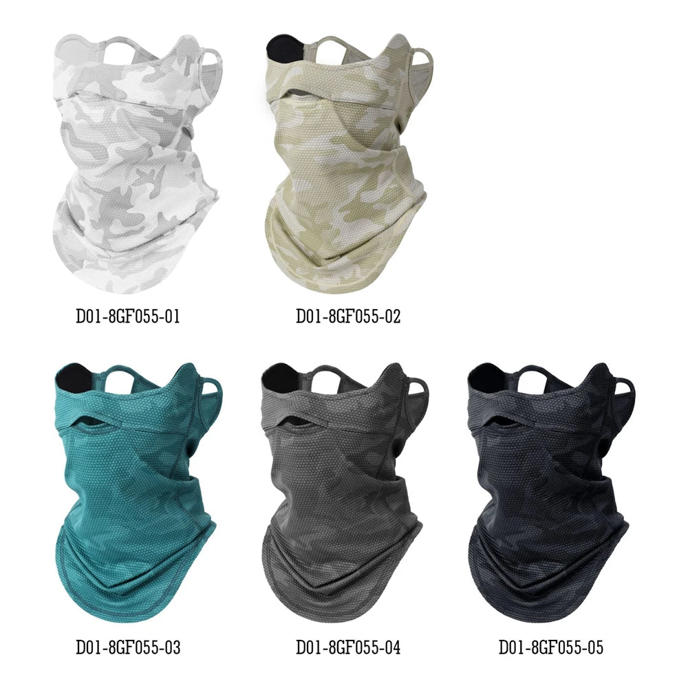 Collection of five neck gaiters in different colors on a white background