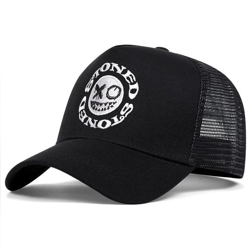 Smiley Face Embroidery Baseball Cap Mesh Trucker, Adjustable, Unisex