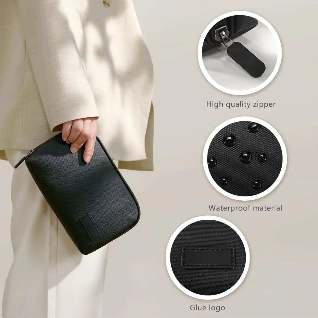 Black pouch held by hand, with detail views of the zipper and exterior fabric.