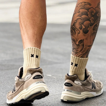 Embroidered Cross Crew Socks – Ribbed Cuffs, 4 Colors