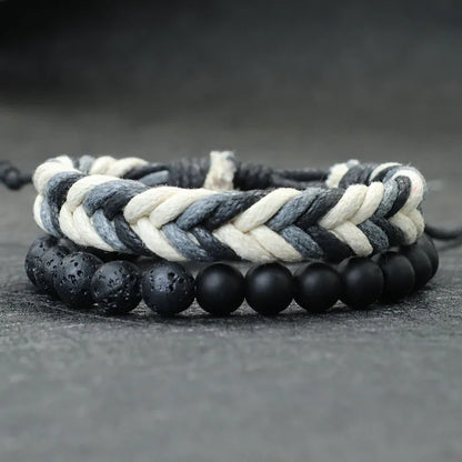 Noter New 2Pcs/Set Men Bracelet Handmade Weaven Adjustable Cord Chain Braslet 8mm Natural Lava Tiger Eyes Stone Braclet Homme deideas