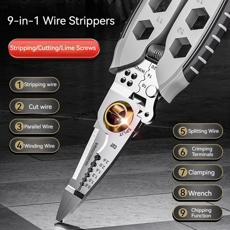 9-in-1 wire strippers with multiple functions on a dark background