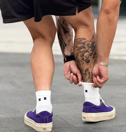 Embroidered Cross Crew Socks – Ribbed Cuffs, 4 Colors