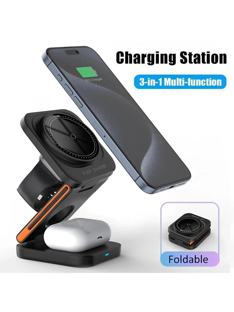 Foldable Magnetic Wireless Charging Station for iPhone, Apple Watch and AirPods deideas