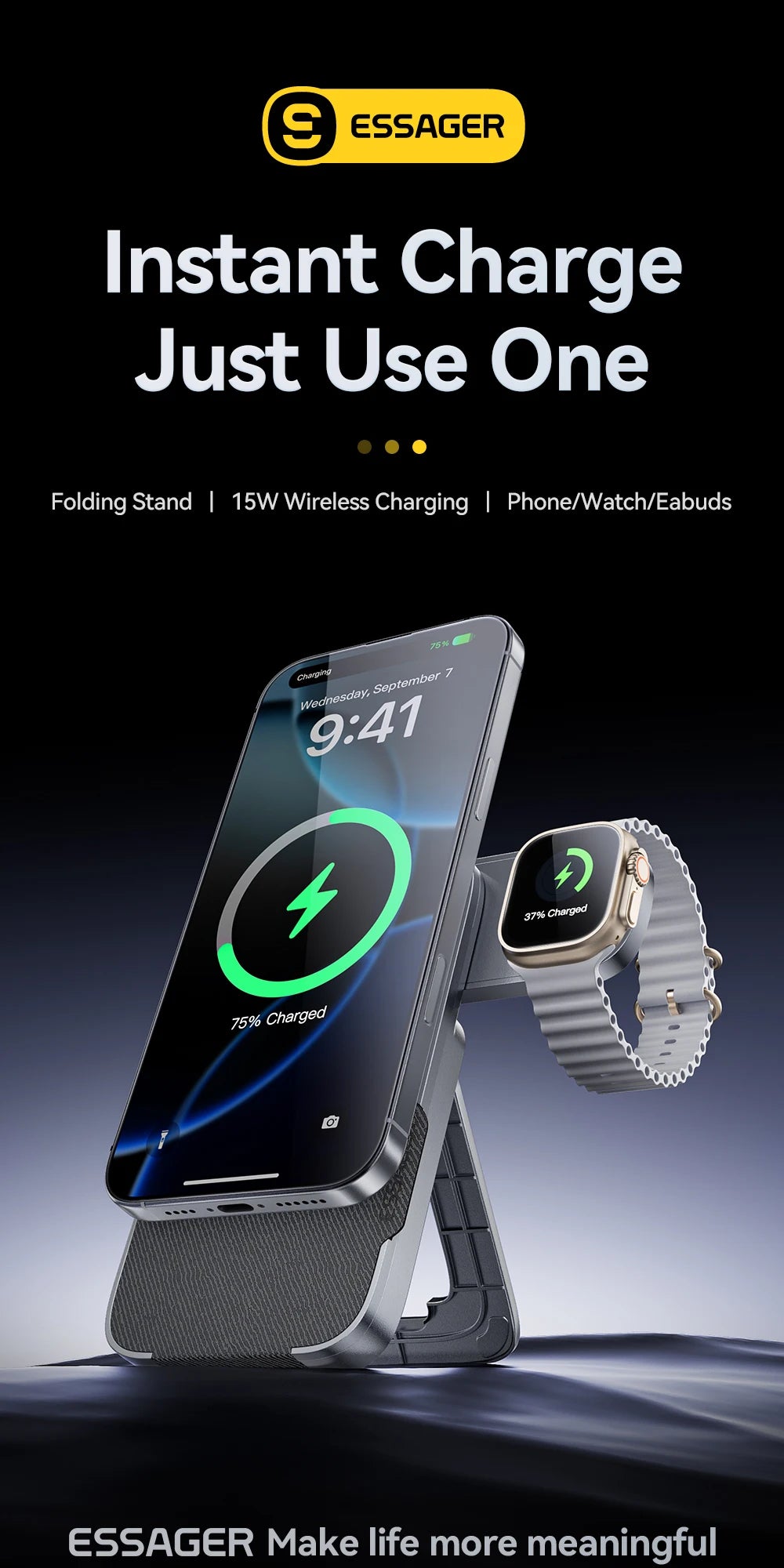 3-in-1 Magnetic Wireless Charging Stand – Foldable, Grey