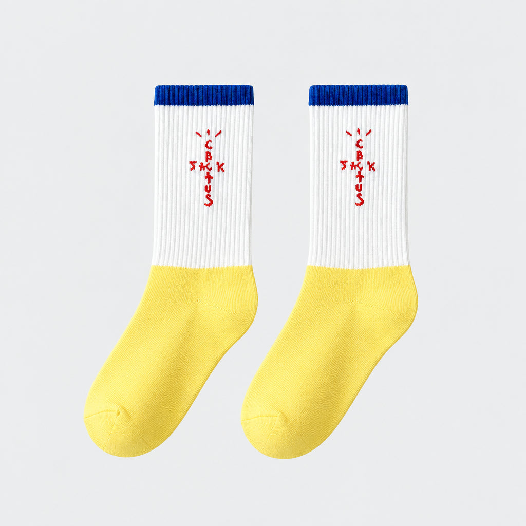 White and yellow crew socks with blue cuffs and red cross-shaped lettering.