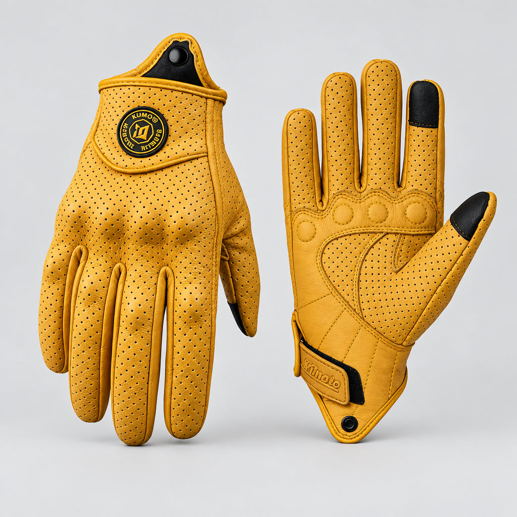 Yellow perforated gloves shown from the palm and back, with black thumb and index-finger patches.