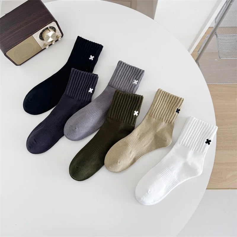 Embroidered Cross Crew Socks – Ribbed Cuffs, 4 Colors