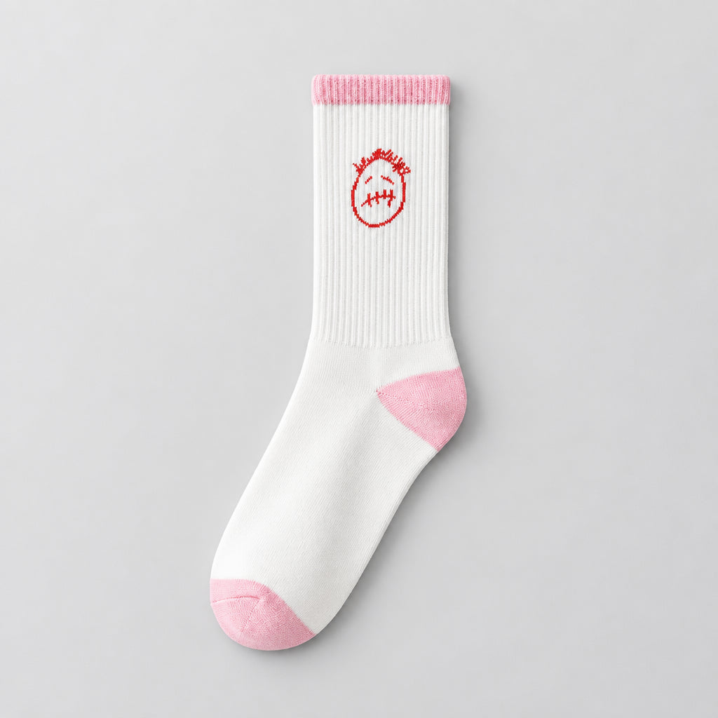 Single white crew sock with pink cuff, heel and toe and a red face graphic.