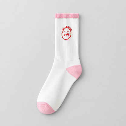 Single white crew sock with pink cuff, heel and toe and a red face graphic.