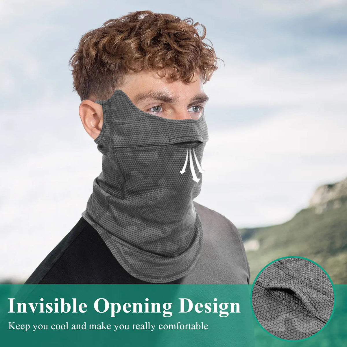Person wearing a gray neck gaiter with an 'Invisible Opening Design' text overlay