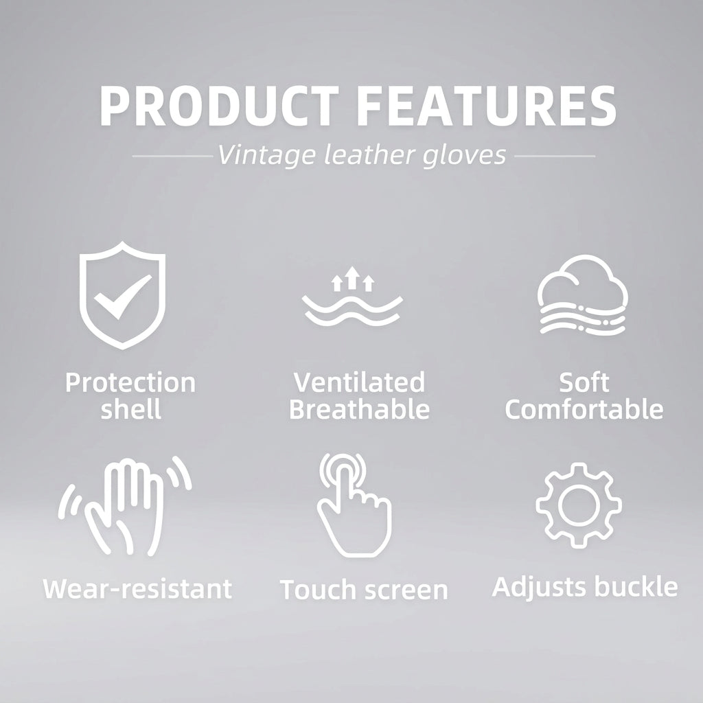 Vintage leather gloves with features listed on a dark background