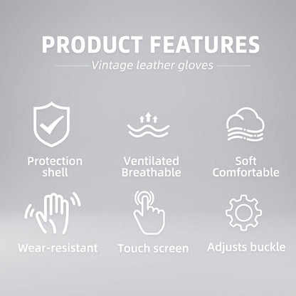 Vintage leather gloves with features listed on a dark background