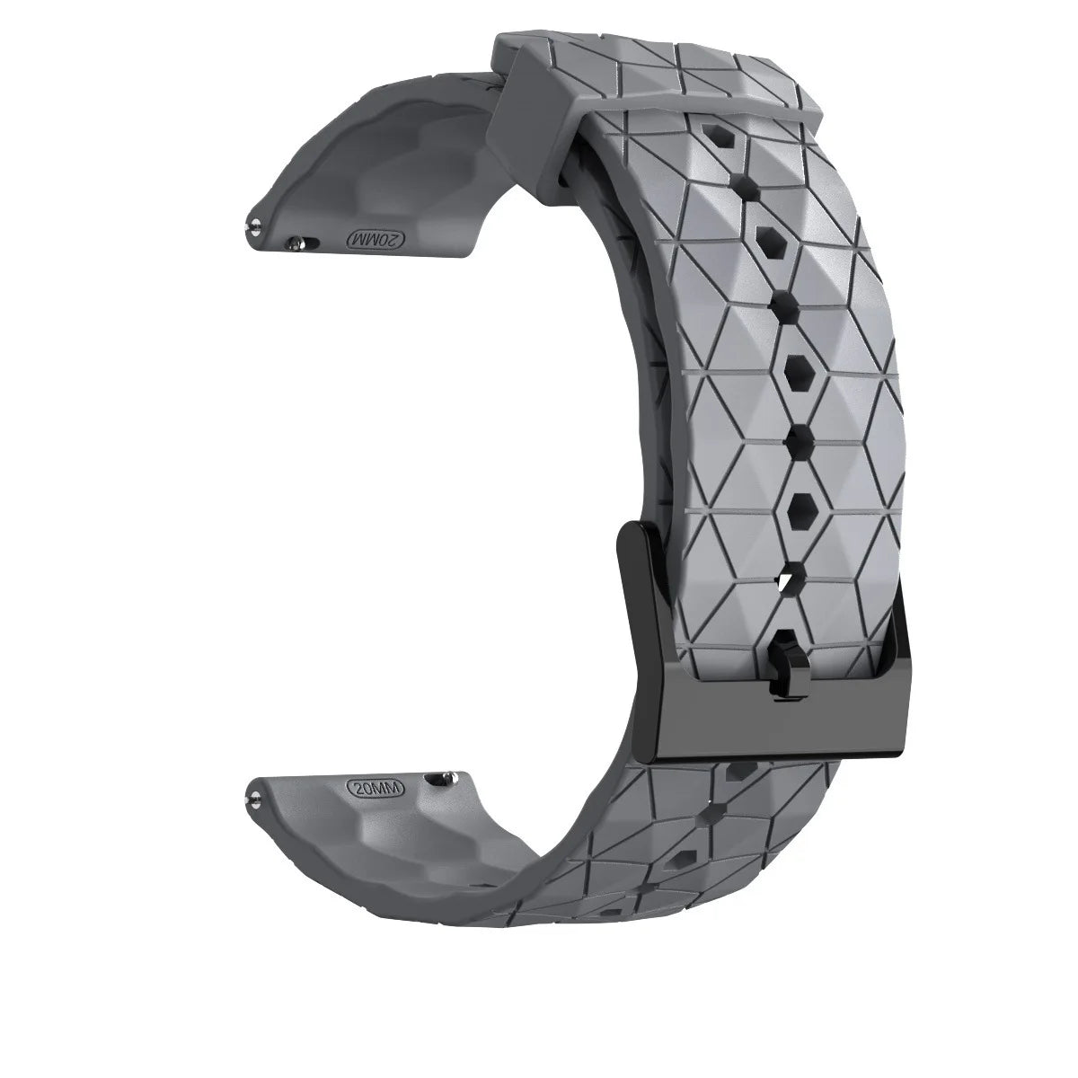 Gray silicone band shown open with geometric texture and a dark buckle.