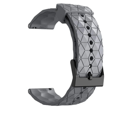 Gray silicone band shown open with geometric texture and a dark buckle.