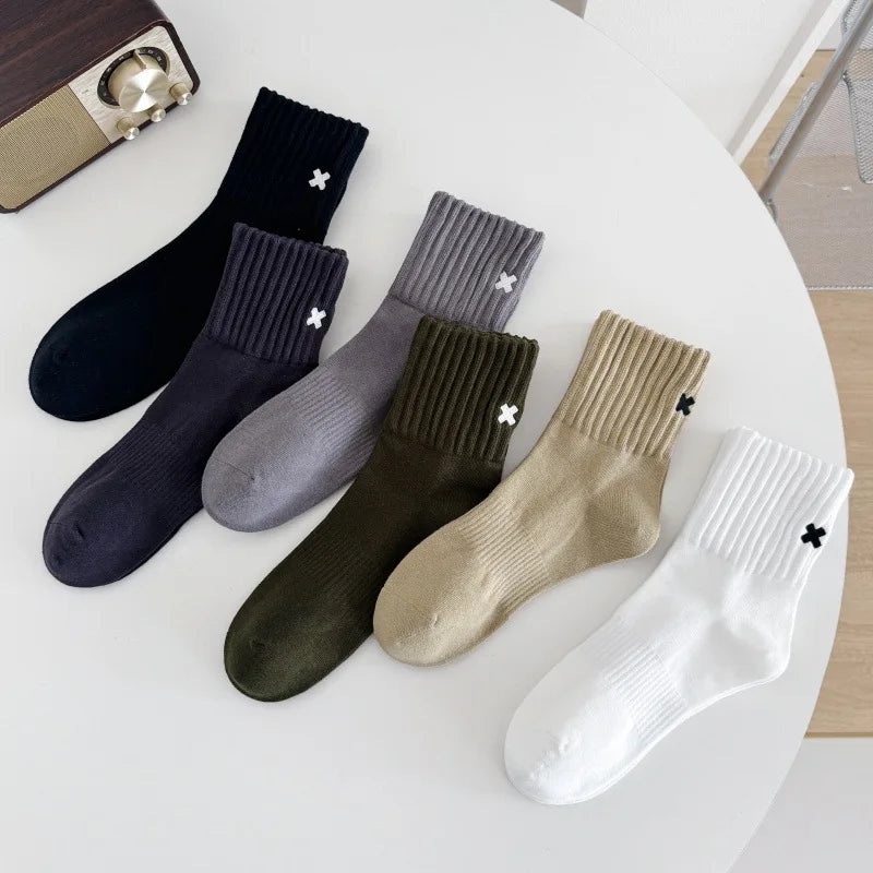 Embroidered Cross Crew Socks – Ribbed Cuffs, 4 Colors