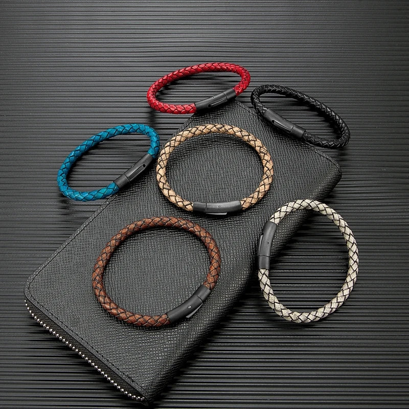 Braided Leather Bracelet – Barrel Clasp, 9 Colors, 19–23 cm