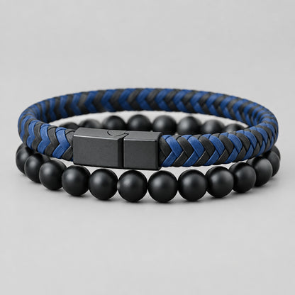 Noter 2Pcs Bracelets Exclusifs Pour Hommes 8mm Onyx Stone Strand Braclet Handmade Weaven Leather Braslet Perfect Gift For Him deideas