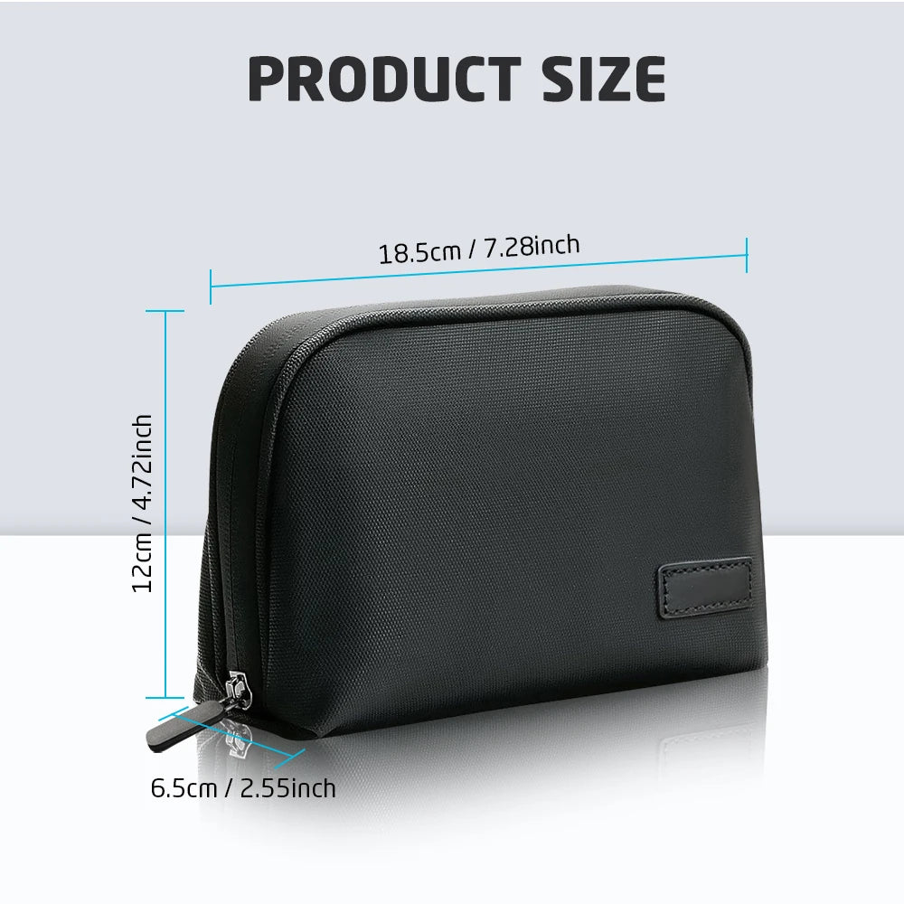 Organizer pouch size diagram showing approximate exterior dimensions 18.5 by 12 by 6.5 cm.