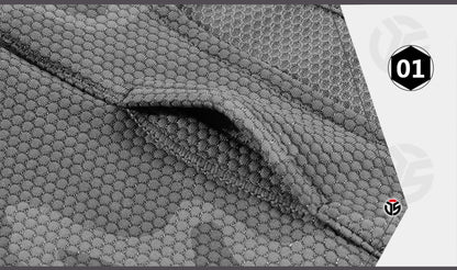 Close-up of textured gray fabric with a brand logo in the corner.