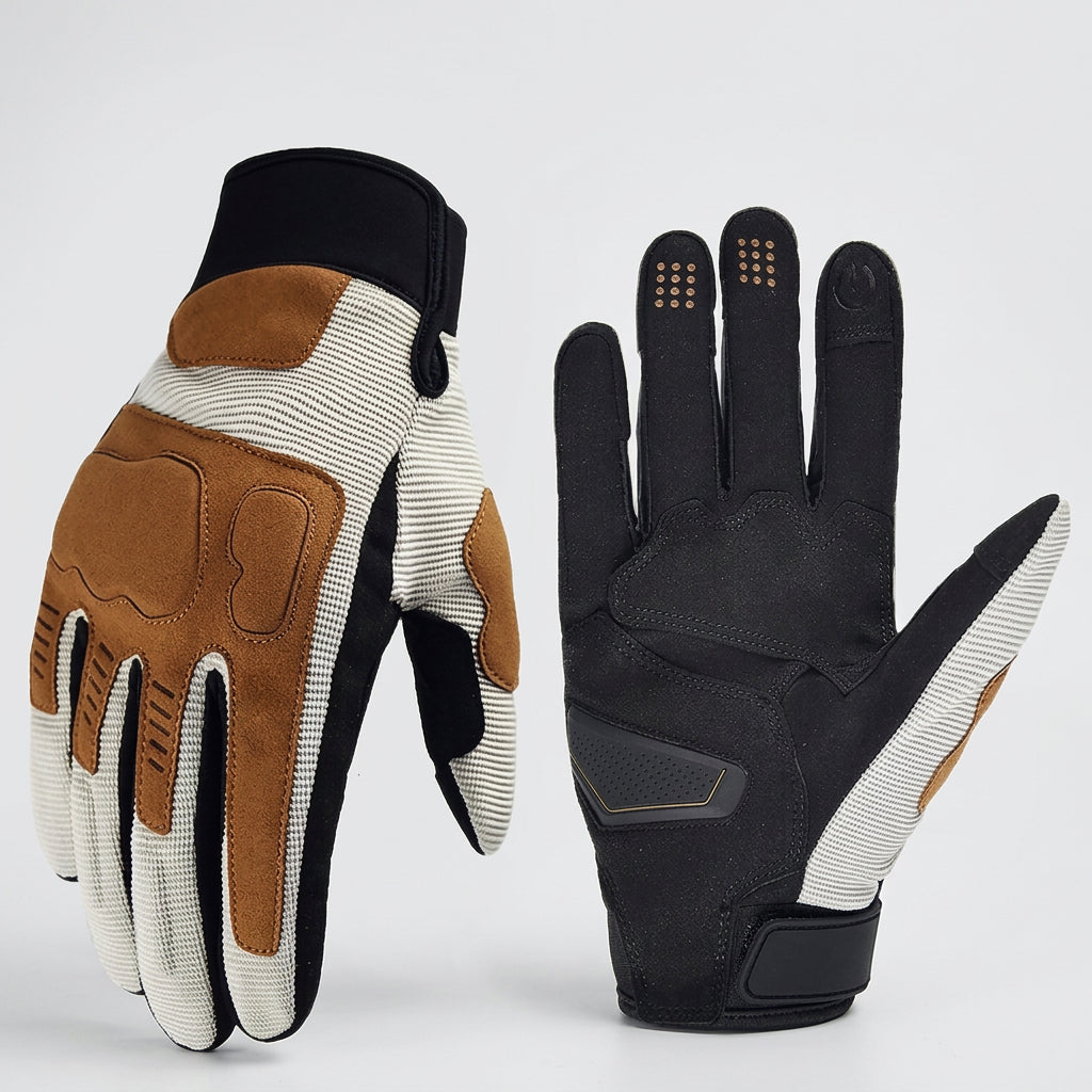 Pair of gloves with brown, black, and white design on a white background with a Russian flag.