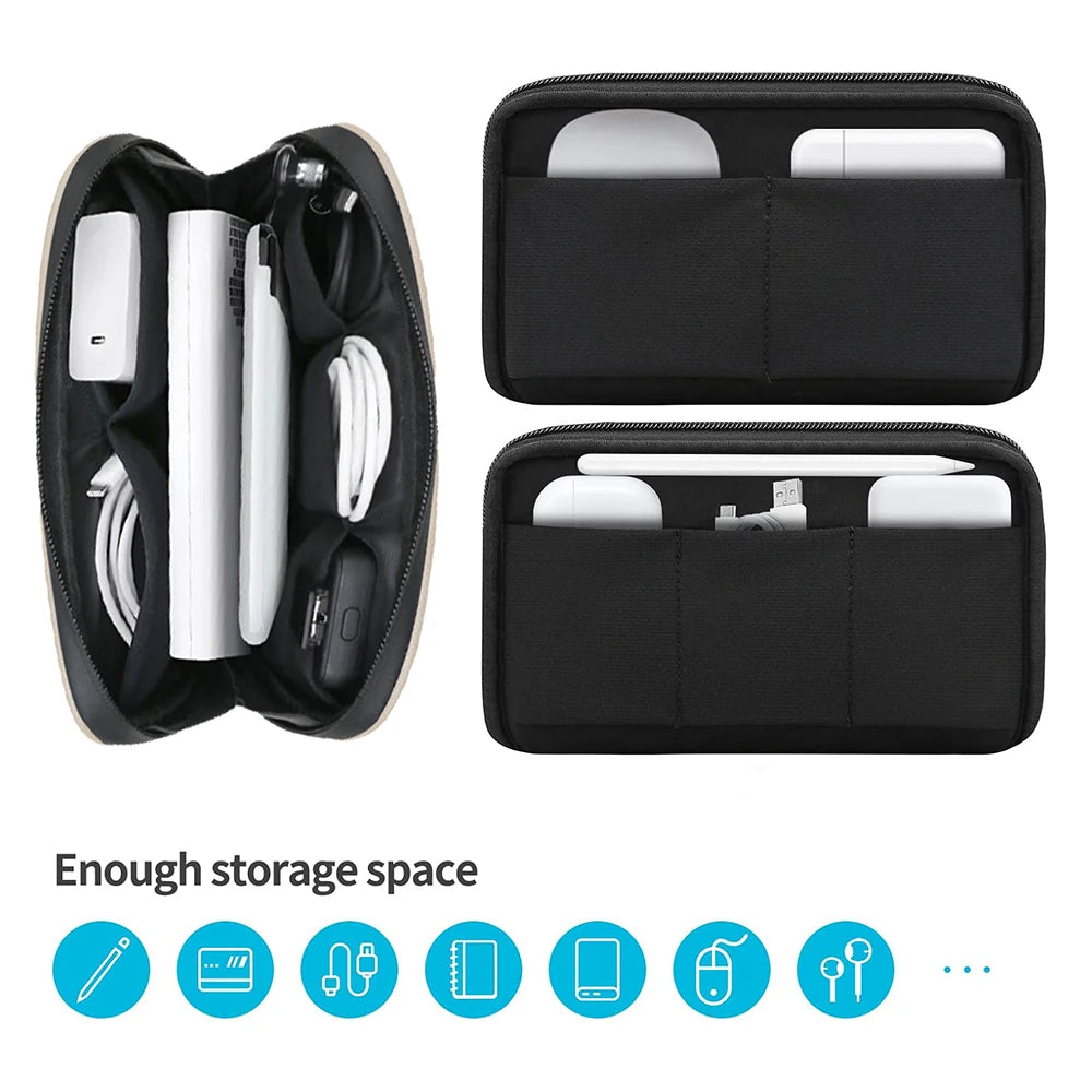 Open black organizer pouch with inner slip pockets and example cables, chargers and small devices.