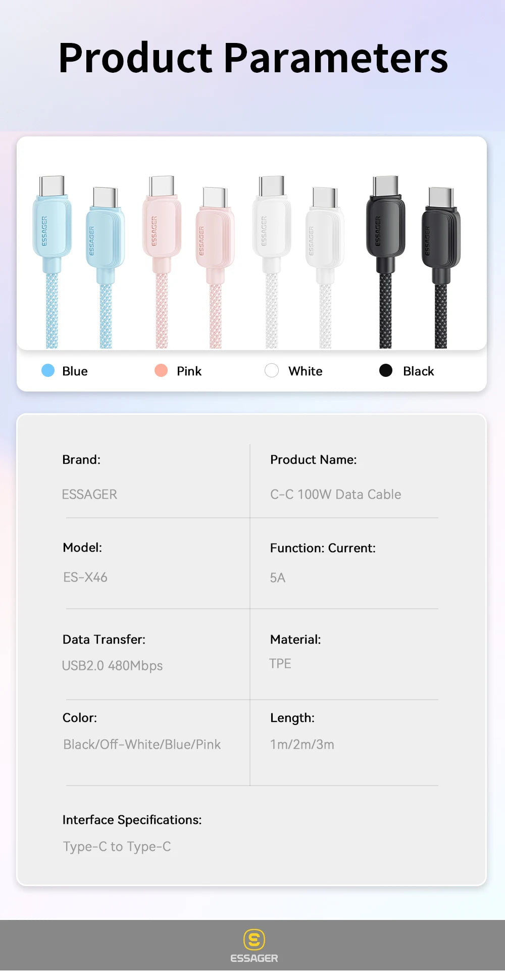 USB-C to USB-C Cable – 100W, Braided, 1 m or 2 m