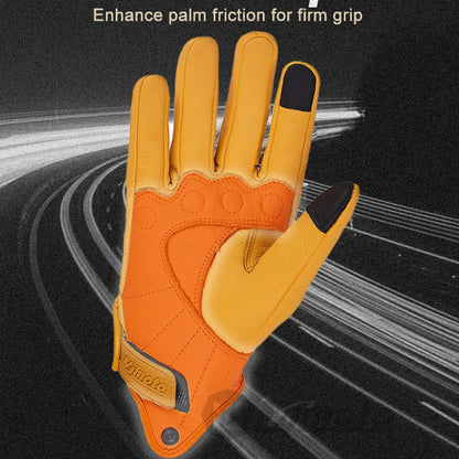 Orange and black glove with wear-resistant anti-slip text on a dark background