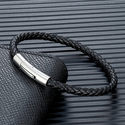 Braided Leather Bracelet – Silver-Tone Barrel Clasp, 5 Colors