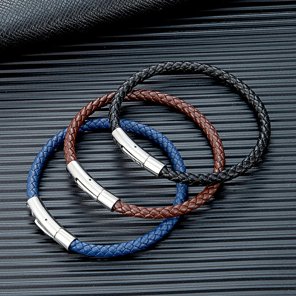 Braided Leather Bracelet – Silver-Tone Barrel Clasp, 5 Colors