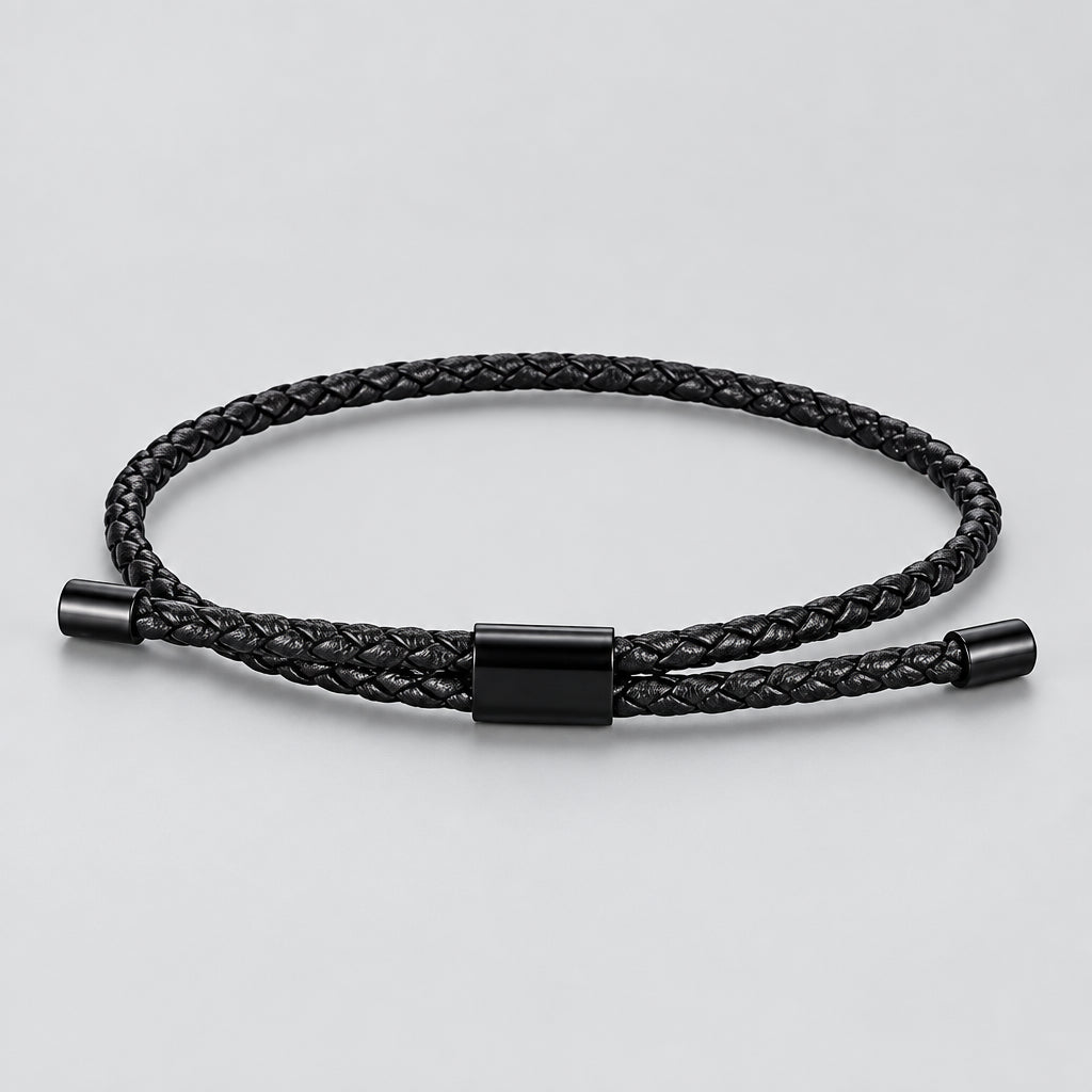 Braided Leather Bracelet – Adjustable Stainless Steel Lock Charm