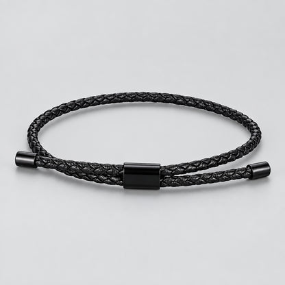 Braided Leather Bracelet – Adjustable Stainless Steel Lock Charm
