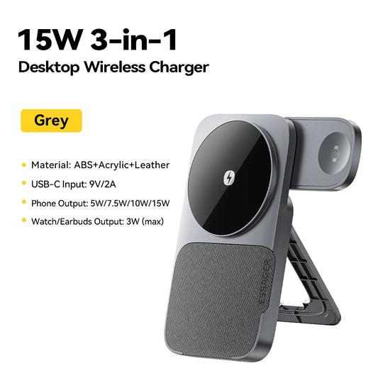 3-in-1 Magnetic Wireless Charging Stand – Foldable, Grey