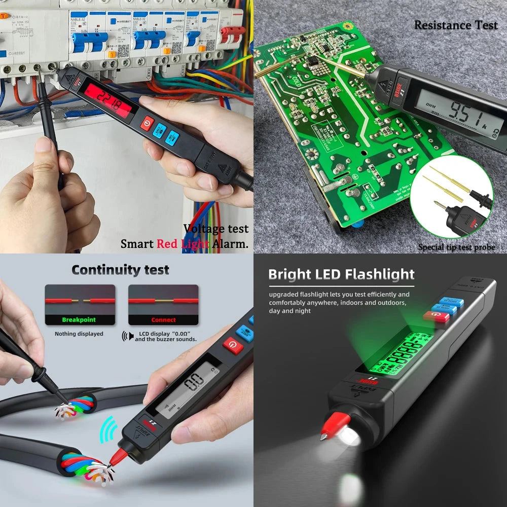 Digital multimeter, voltage detector, tester, contactless smart electric pen, NCV, live cable continuity test, Hz ohms, DC, AC meter deideas