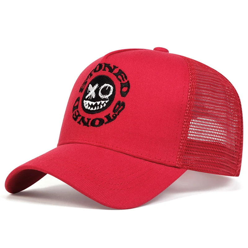 Smiley Face Embroidery Baseball Cap Mesh Trucker, Adjustable, Unisex